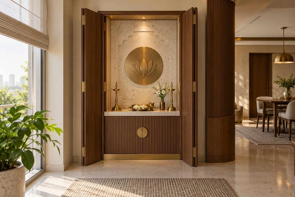 AI-generated puja room design concept: fold-away mandir cabinet, urban deco direction