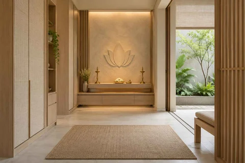 AI-generated puja room design concept: garden courtyard prayer suite, ash and linen direction