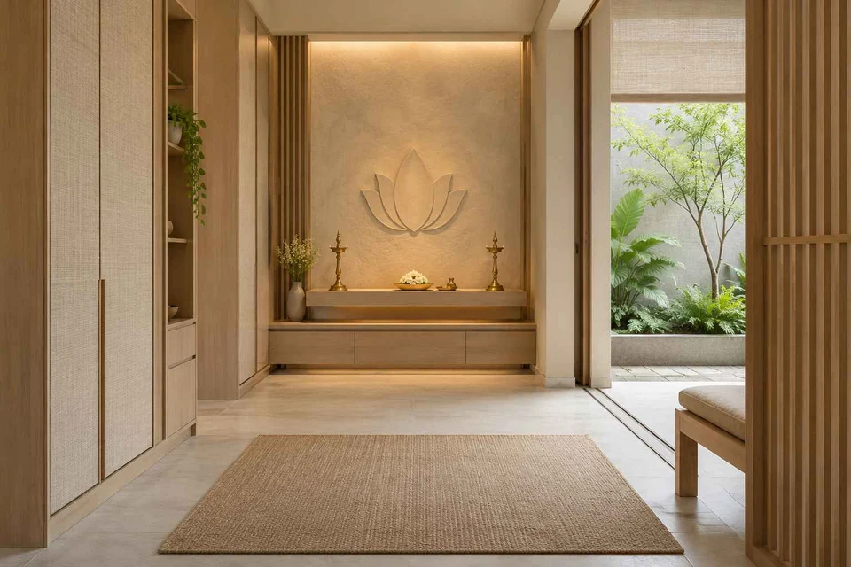 AI-generated puja room design concept: garden courtyard prayer suite, ash and linen direction