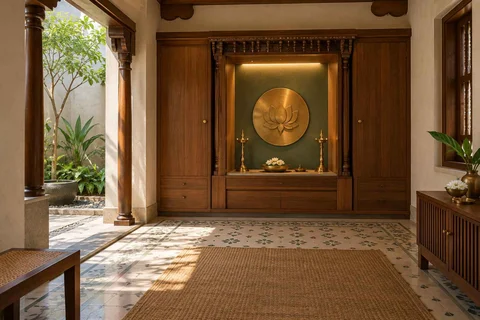 AI-generated puja room design concept: garden courtyard prayer suite, chettinad tile direction