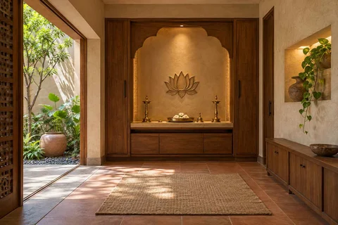 AI-generated puja room design concept: garden courtyard prayer suite, clay artisan direction