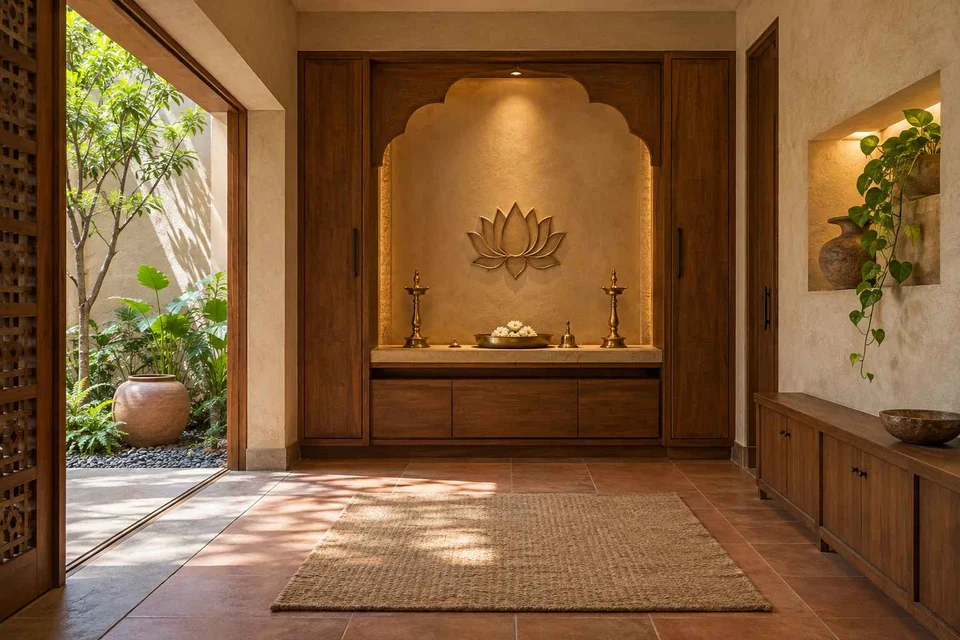 AI-generated puja room design concept: garden courtyard prayer suite, clay artisan direction