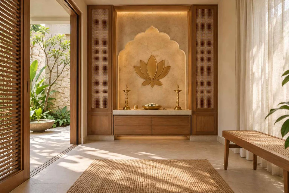 AI-generated puja room design concept: garden courtyard prayer suite, coastal woven direction