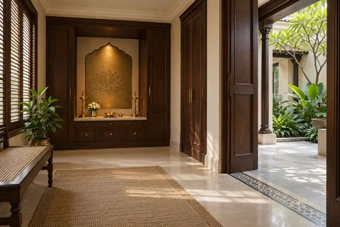 AI-generated puja room design concept: garden courtyard prayer suite, colonial quiet direction