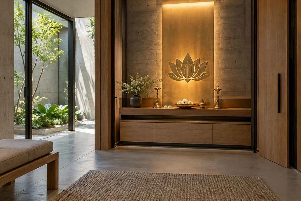 AI-generated puja room design concept: garden courtyard prayer suite, concrete and oak direction
