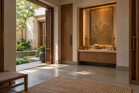 AI-generated puja room design concept: garden courtyard prayer suite, courtyard modern direction