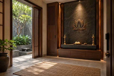 AI-generated puja room design concept: garden courtyard prayer suite, deccan stone direction