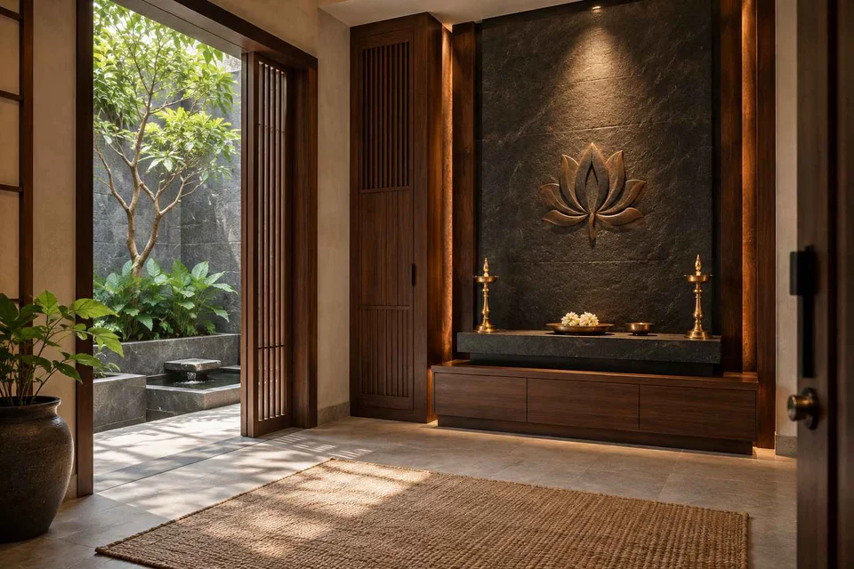 AI-generated puja room design concept: garden courtyard prayer suite, deccan stone direction