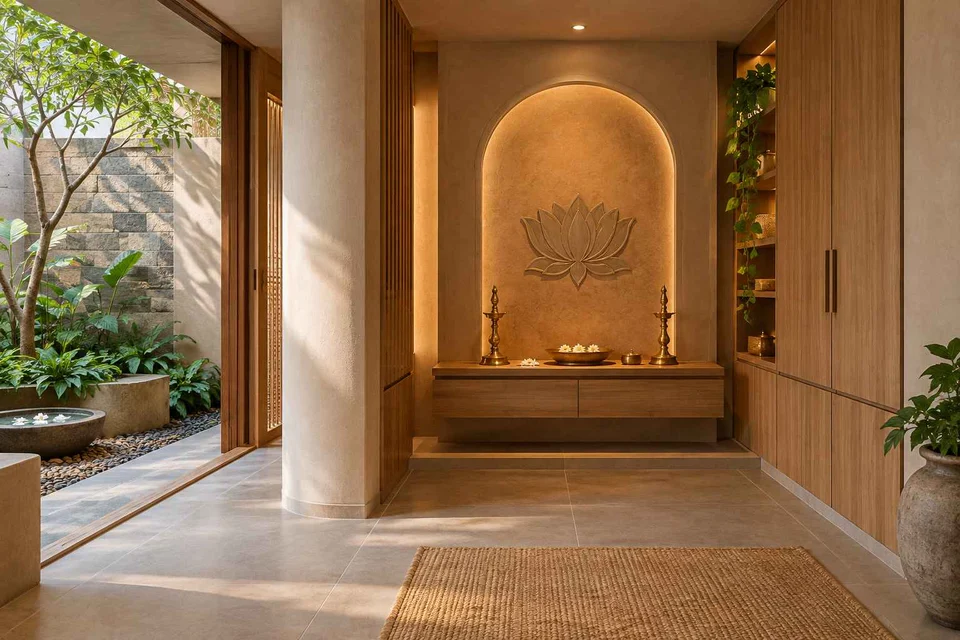 AI-generated puja room design concept: garden courtyard prayer suite, earth and bamboo direction
