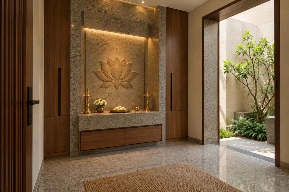 AI-generated puja room design concept: garden courtyard prayer suite, granite precision direction
