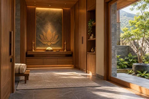 AI-generated puja room design concept: garden courtyard prayer suite, hill timber direction