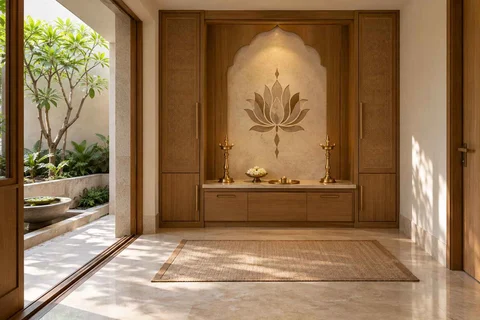 AI-generated puja room design concept: garden courtyard prayer suite, inlay atelier direction