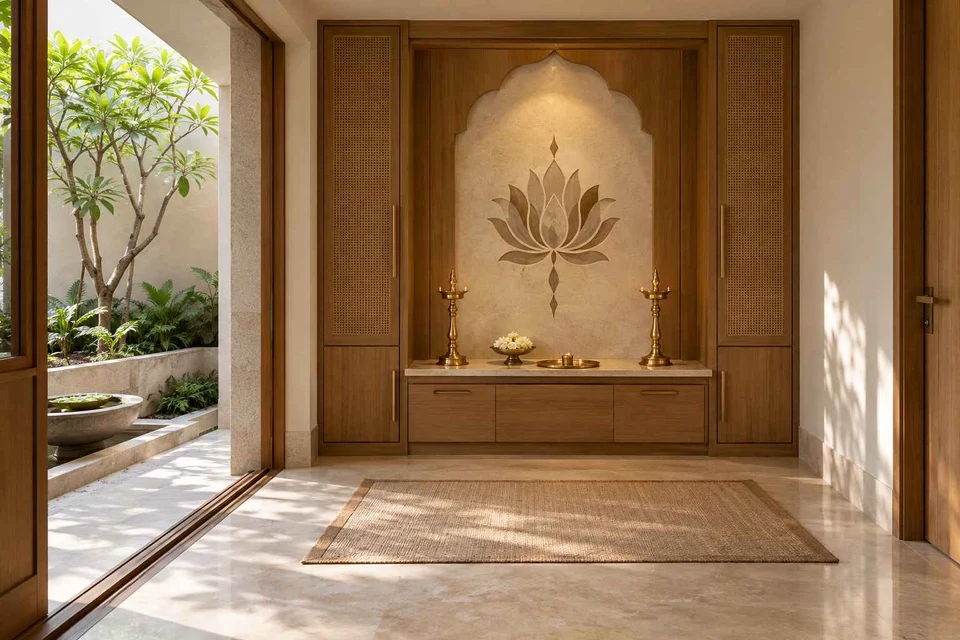 AI-generated puja room design concept: garden courtyard prayer suite, inlay atelier direction