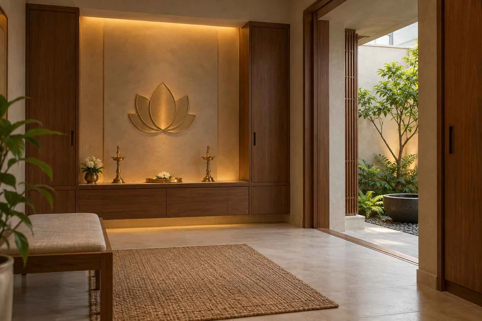 AI-generated puja room design concept: garden courtyard prayer suite, lime and walnut direction