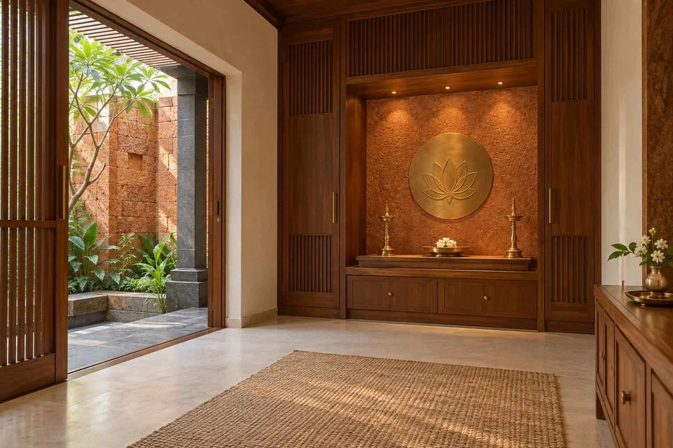 AI-generated puja room design concept: garden courtyard prayer suite, malabar timber direction