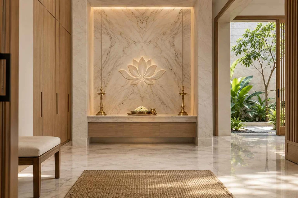 AI-generated puja room design concept: garden courtyard prayer suite, marble restraint direction
