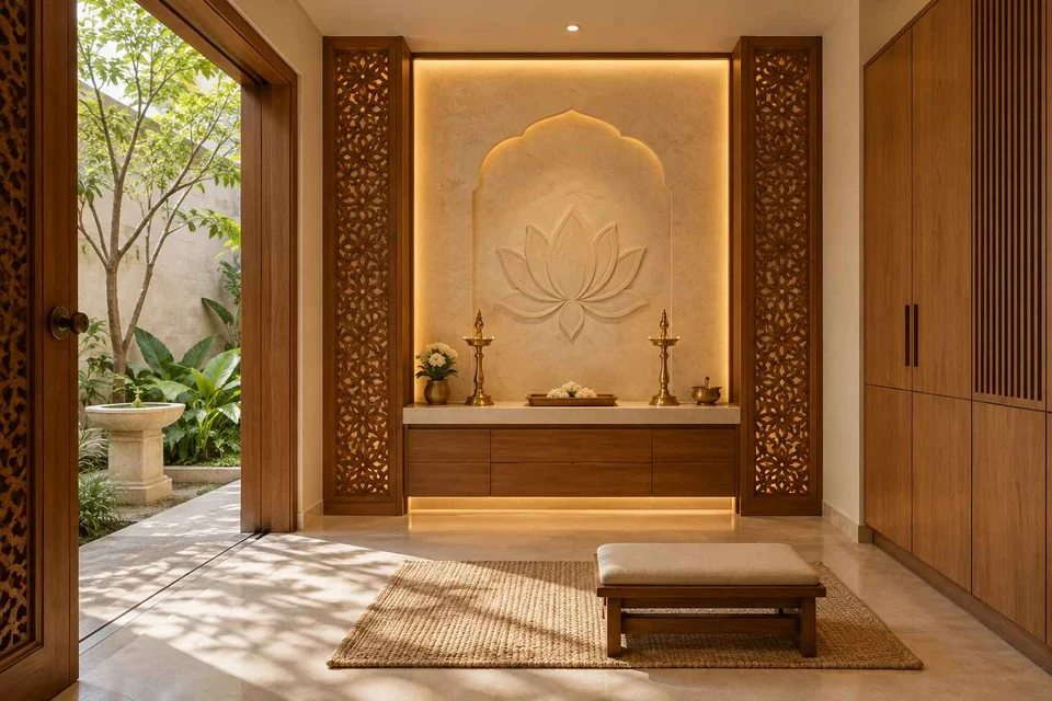 AI-generated puja room design concept: garden courtyard prayer suite, modern carved direction