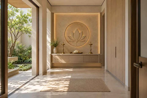AI-generated puja room design concept: garden courtyard prayer suite, quiet contemporary direction