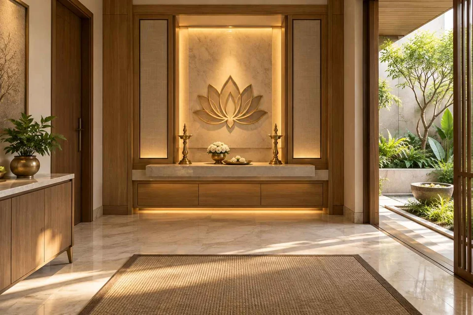 AI-generated puja room design concept: garden courtyard prayer suite, quiet transitional direction