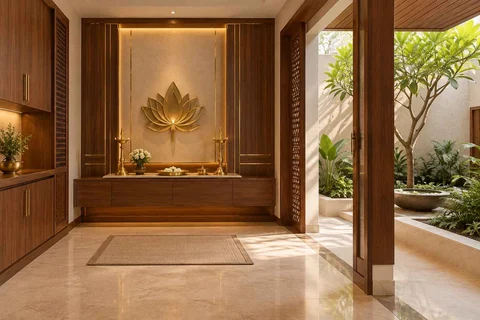 AI-generated puja room design concept: garden courtyard prayer suite, rosewood brass direction