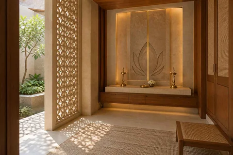 AI-generated puja room design concept: garden courtyard prayer suite, sandstone lattice direction