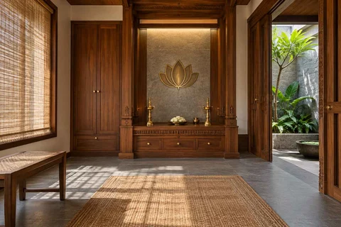 AI-generated puja room design concept: garden courtyard prayer suite, teak craft direction