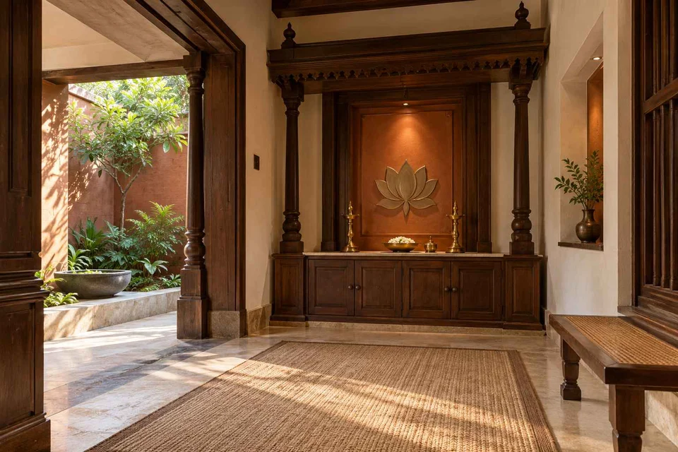 AI-generated puja room design concept: garden courtyard prayer suite, terracotta heritage direction