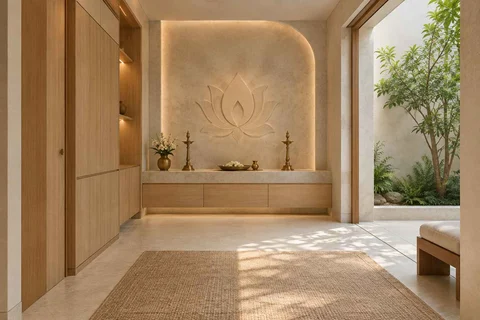 AI-generated puja room design concept: garden courtyard prayer suite, textured mineral direction