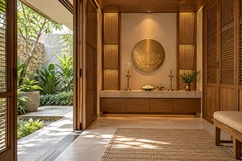 AI-generated puja room design concept: garden courtyard prayer suite, tropical slatted direction