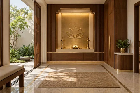 AI-generated puja room design concept: garden courtyard prayer suite, urban deco direction
