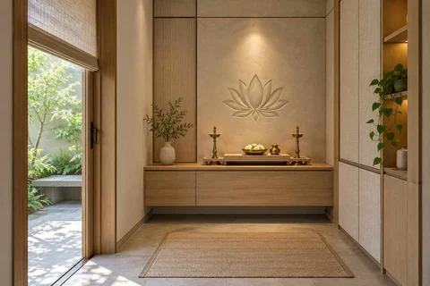 AI-generated puja room design concept: garden-edge mandir, ash and linen direction