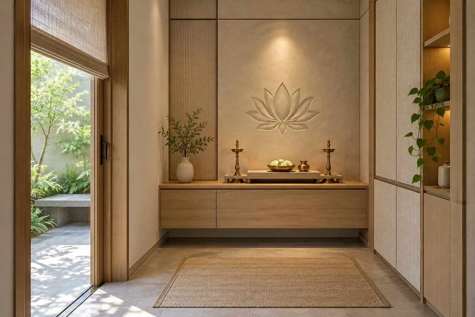 AI-generated puja room design concept: garden-edge mandir, ash and linen direction
