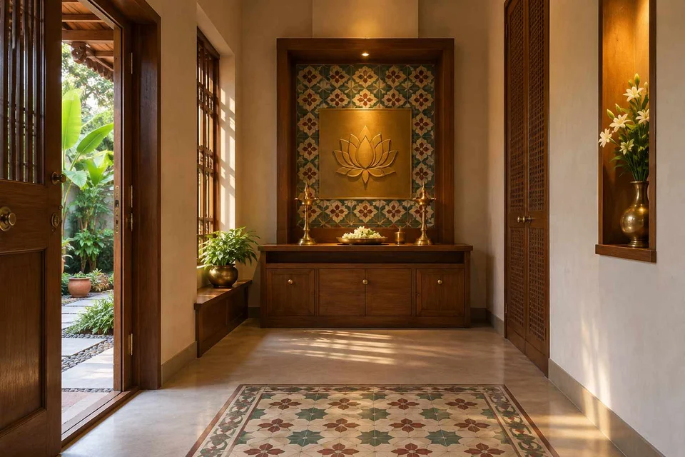 AI-generated puja room design concept: garden-edge mandir, chettinad tile direction