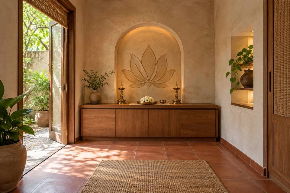 AI-generated puja room design concept: garden-edge mandir, clay artisan direction