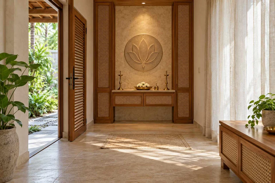 AI-generated puja room design concept: garden-edge mandir, coastal woven direction