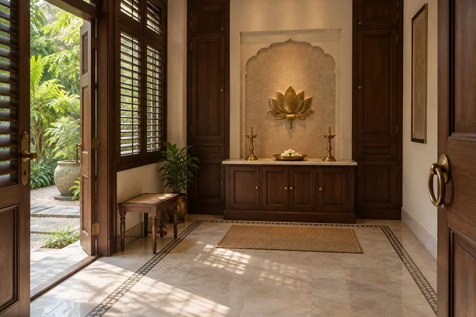 AI-generated puja room design concept: garden-edge mandir, colonial quiet direction
