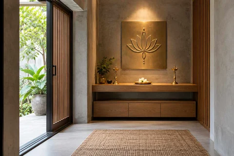 AI-generated puja room design concept: garden-edge mandir, concrete and oak direction