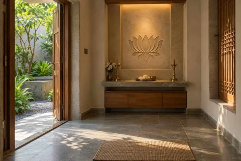 AI-generated puja room design concept: garden-edge mandir, courtyard modern direction