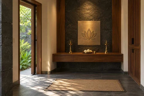 AI-generated puja room design concept: garden-edge mandir, deccan stone direction
