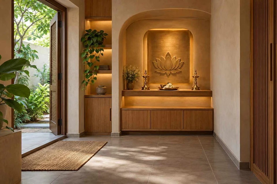 AI-generated puja room design concept: garden-edge mandir, earth and bamboo direction