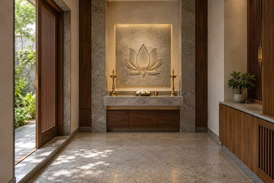 AI-generated puja room design concept: garden-edge mandir, granite precision direction