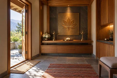 AI-generated puja room design concept: garden-edge mandir, hill timber direction