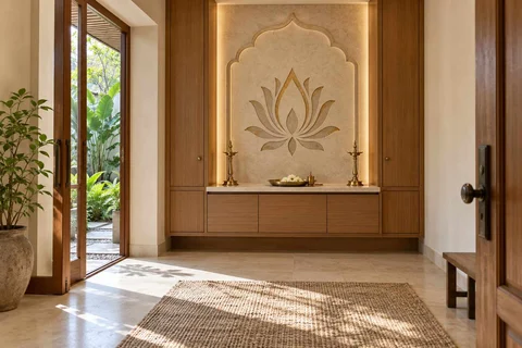 AI-generated puja room design concept: garden-edge mandir, inlay atelier direction