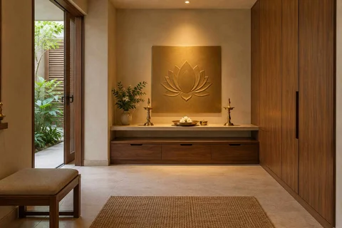 AI-generated puja room design concept: garden-edge mandir, lime and walnut direction