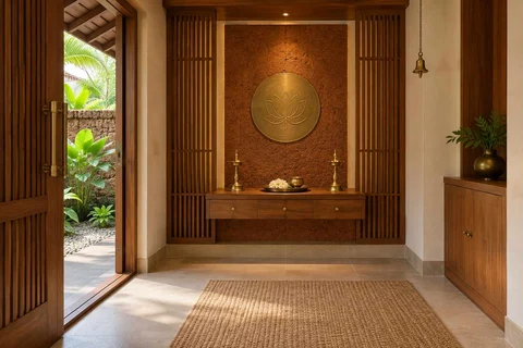 AI-generated puja room design concept: garden-edge mandir, malabar timber direction