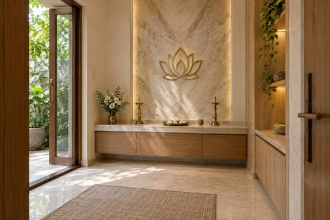 AI-generated puja room design concept: garden-edge mandir, marble restraint direction