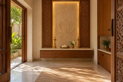 AI-generated puja room design concept: garden-edge mandir, modern carved direction