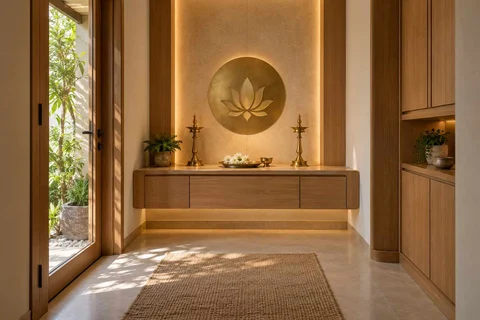 AI-generated puja room design concept: garden-edge mandir, quiet contemporary direction