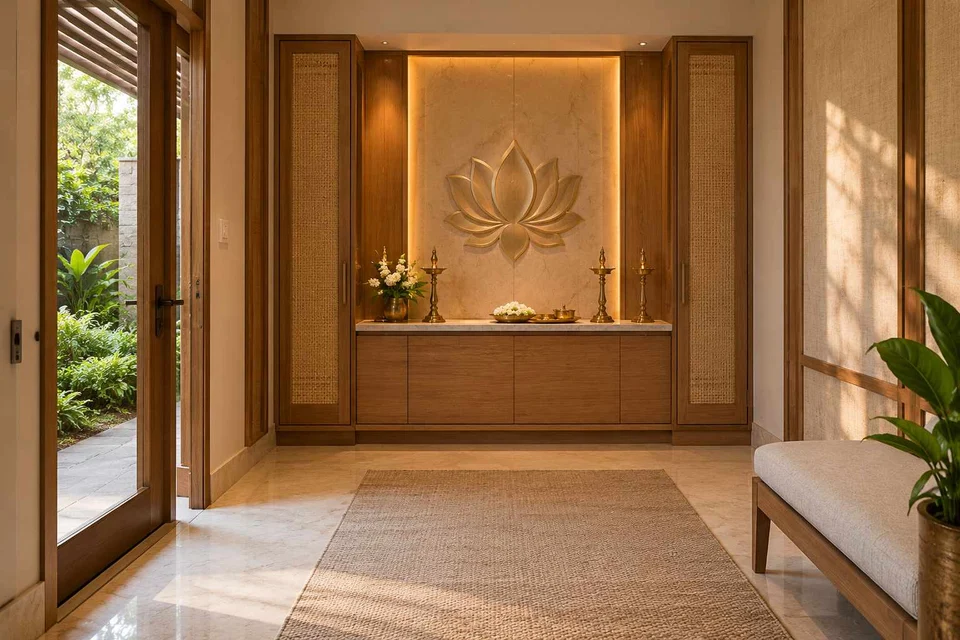 AI-generated puja room design concept: garden-edge mandir, quiet transitional direction