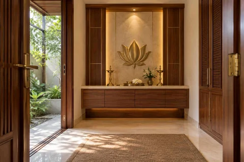 AI-generated puja room design concept: garden-edge mandir, rosewood brass direction